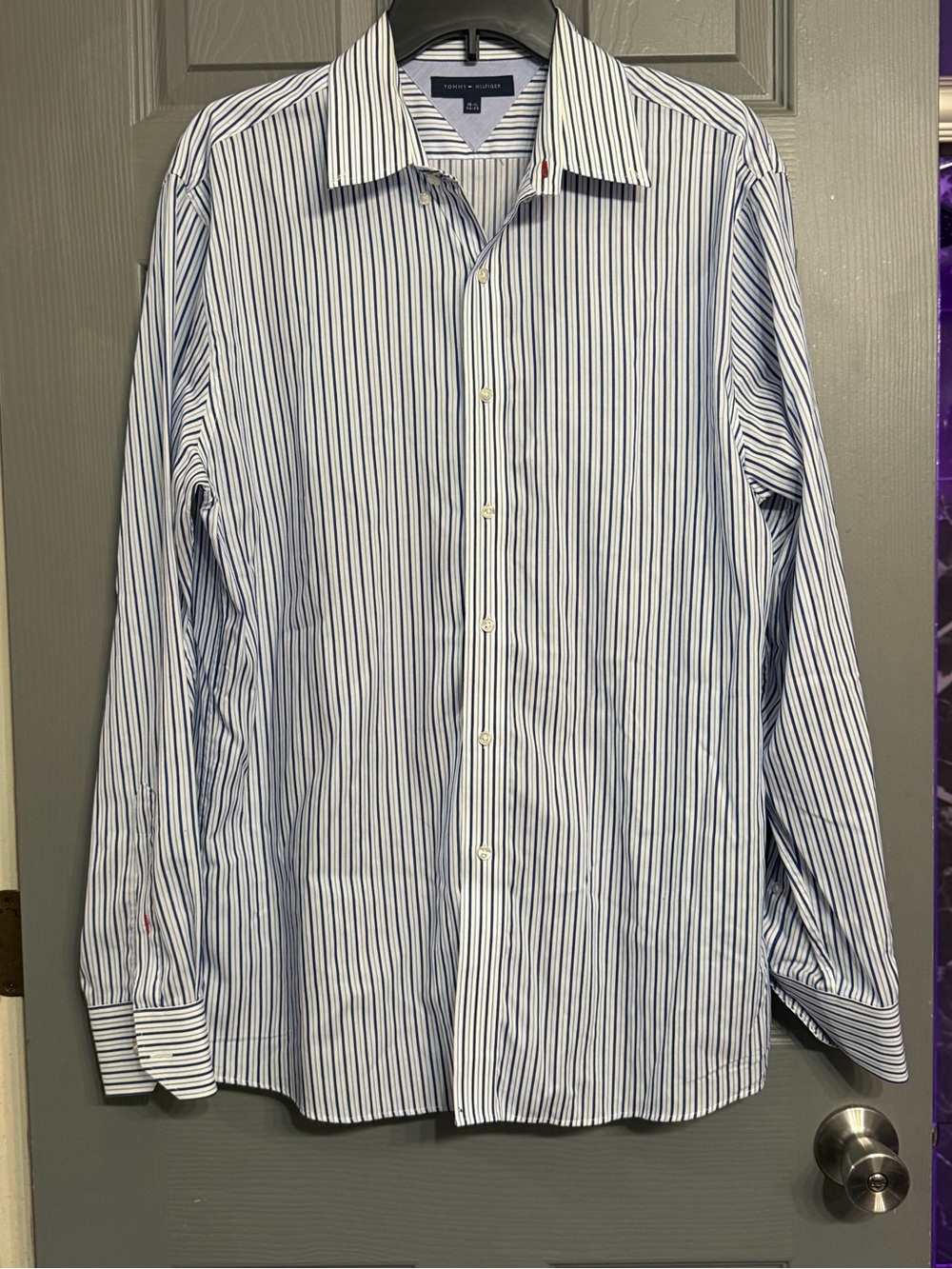 Tommy Hilfiger Men’s White Dress Shirt with Blue Pinstripes